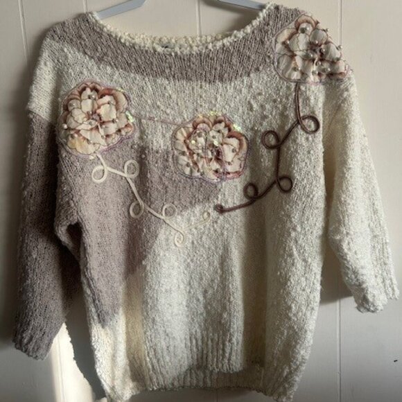 Vintage Avenida Cotton sweater, sequin, floral embroidery, size M, cream/beige - Picture 1 of 5